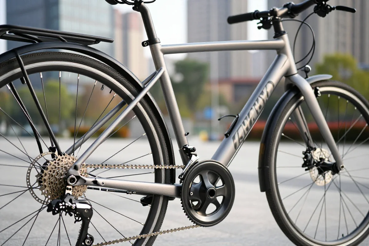 Nowoczesny rower miejski z technicznymi detalami w miejskim otoczeniu