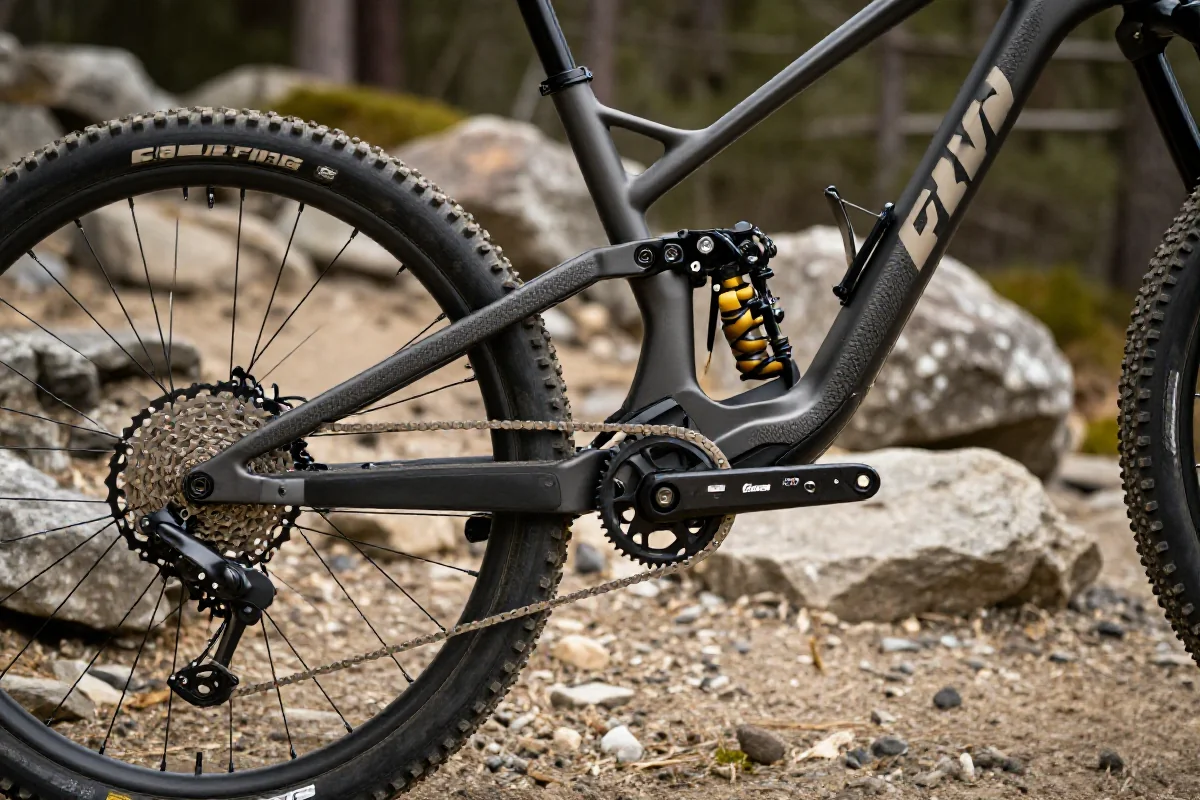 Górski rower na szlaku, ukazujący szczegóły techniczne i elementy sprzętu.