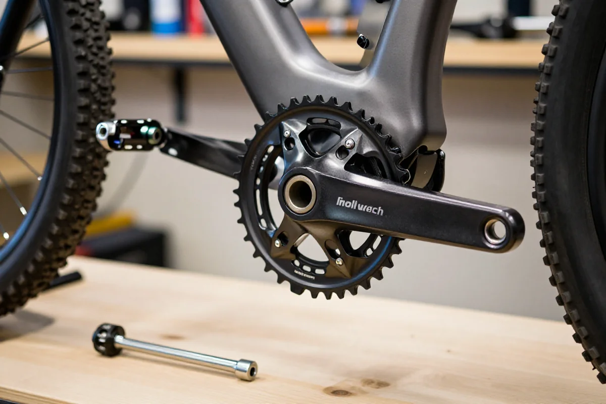 Zbliżenie na korbę MTB i support w warsztacie rowerowym.