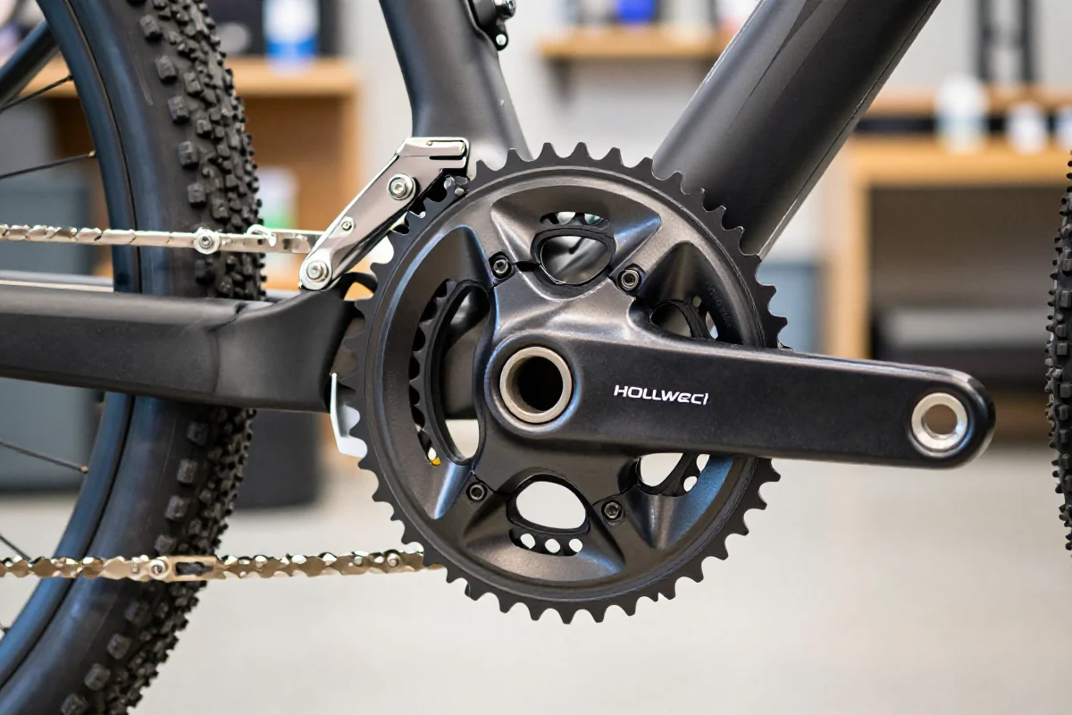 Demontaż korby Shimano Hollowtech II na rowerze górskim, zbliżenie na komponenty.