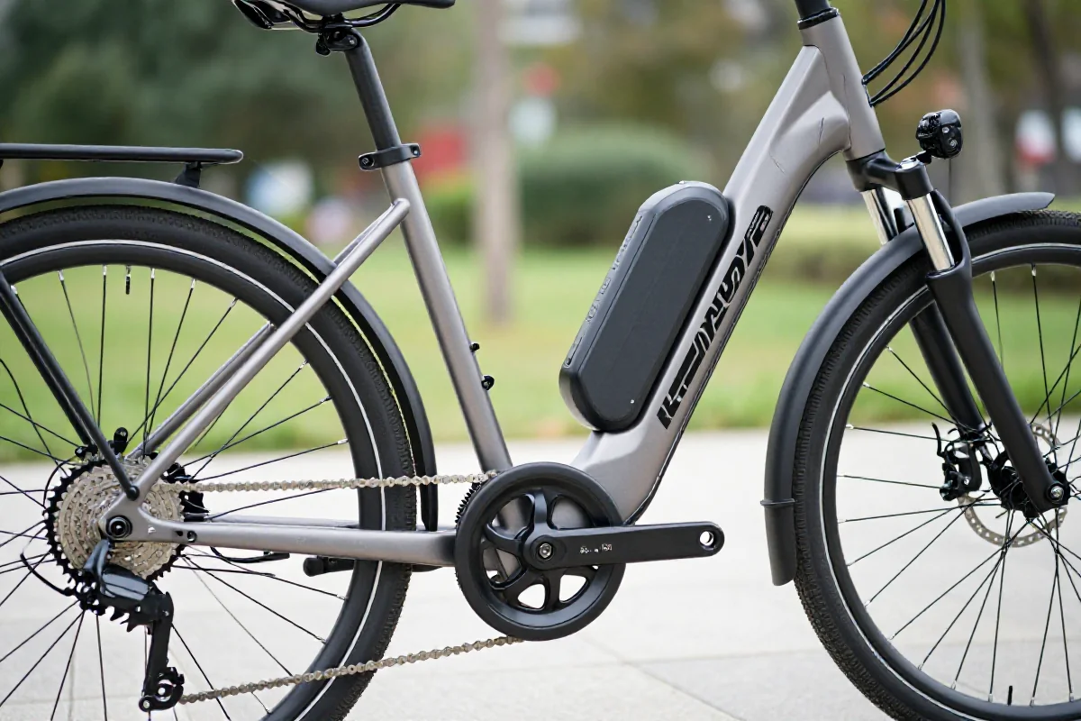 Detale elektrycznego roweru w naturalnym świetle, prezentujące jego komponenty