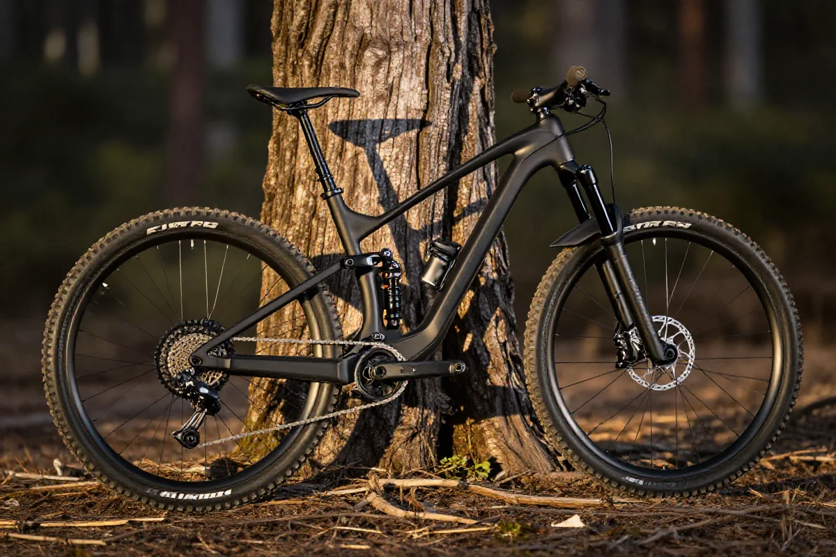 Wysokiej jakości rower górski przy drzewie, ukazujący deprecjację i wartość rezydualną.