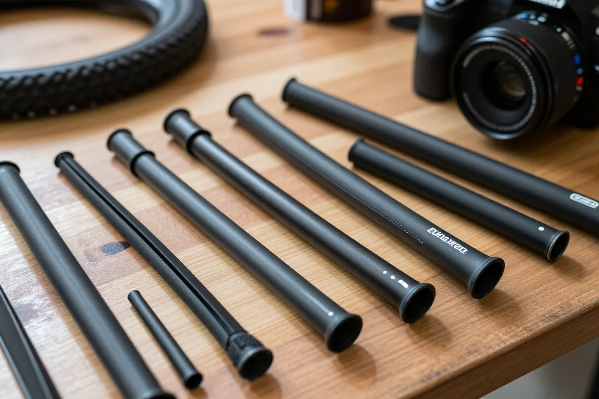 Różne dętki zapasowe do rowerów na drewnianym stole