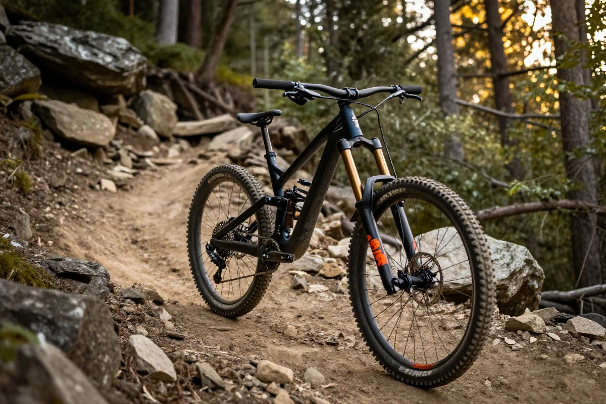 Rower downhill na szlaku górskim, idealny do wyścigów zjazdowych.