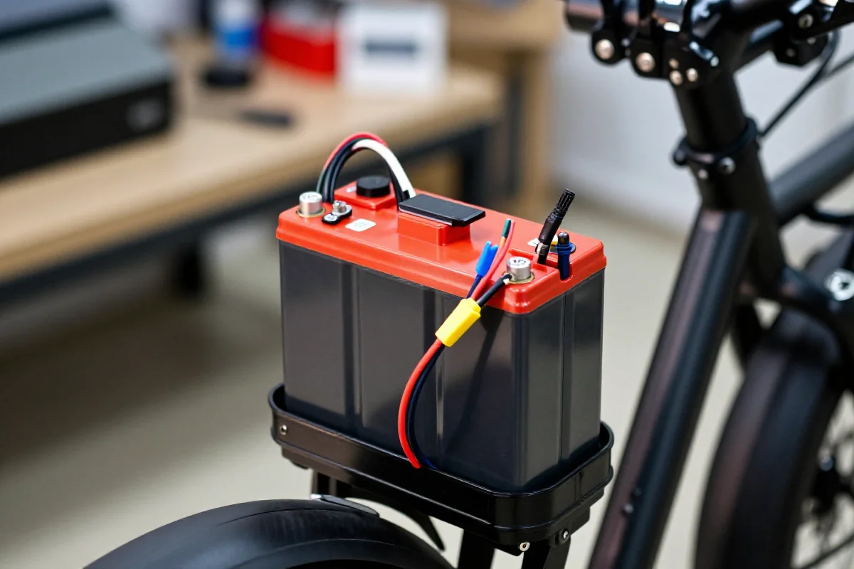 Zbliżenie na akumulator litowo-jonowy w rowerze elektrycznym do diagnostyki baterii.