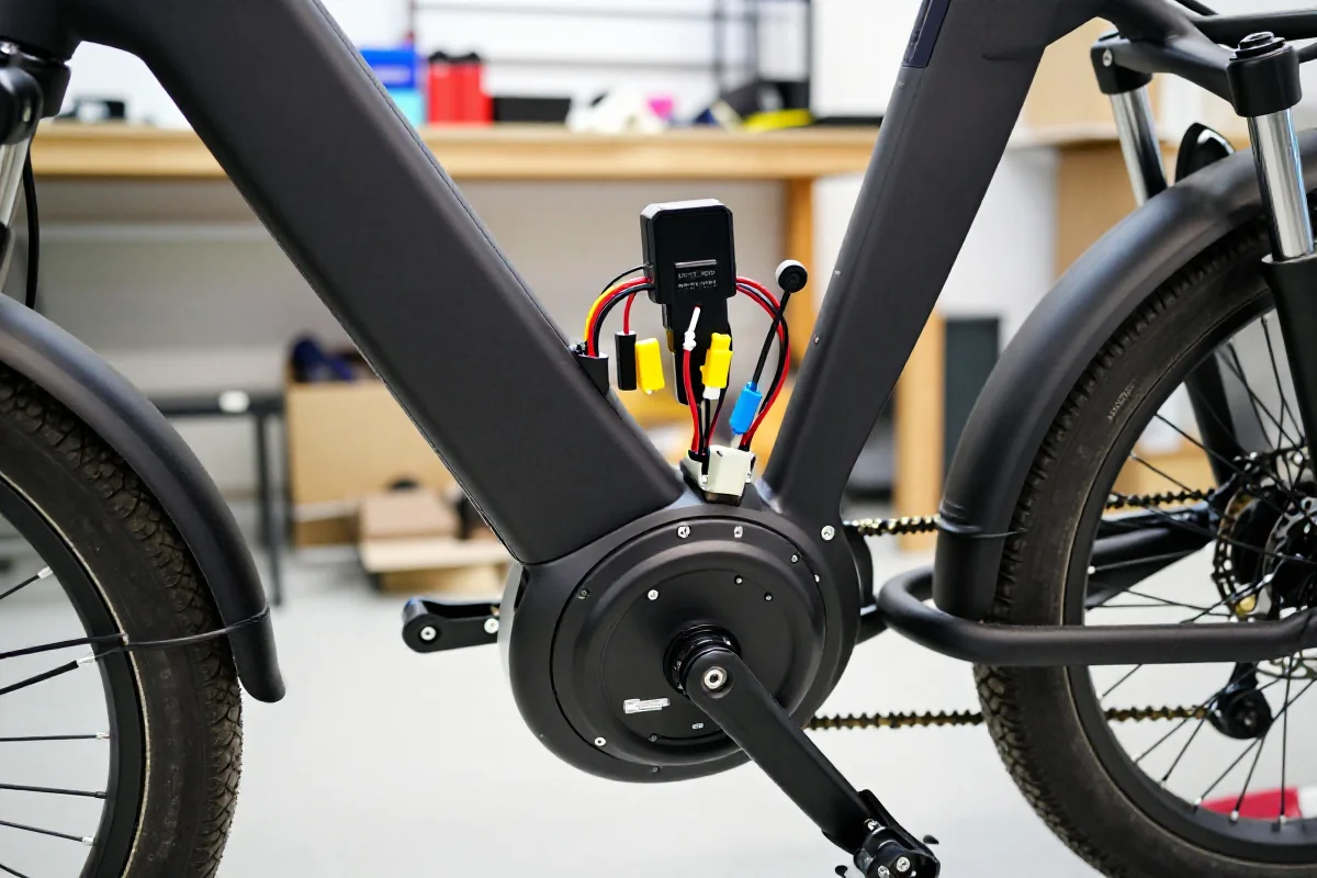 Zbliżenie na elektroniczne komponenty roweru elektrycznego, skupiające się na diagnostyce.