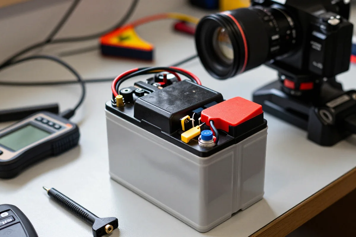 Akumulator litowo-jonowy z roweru elektrycznego na warsztacie z narzędziami