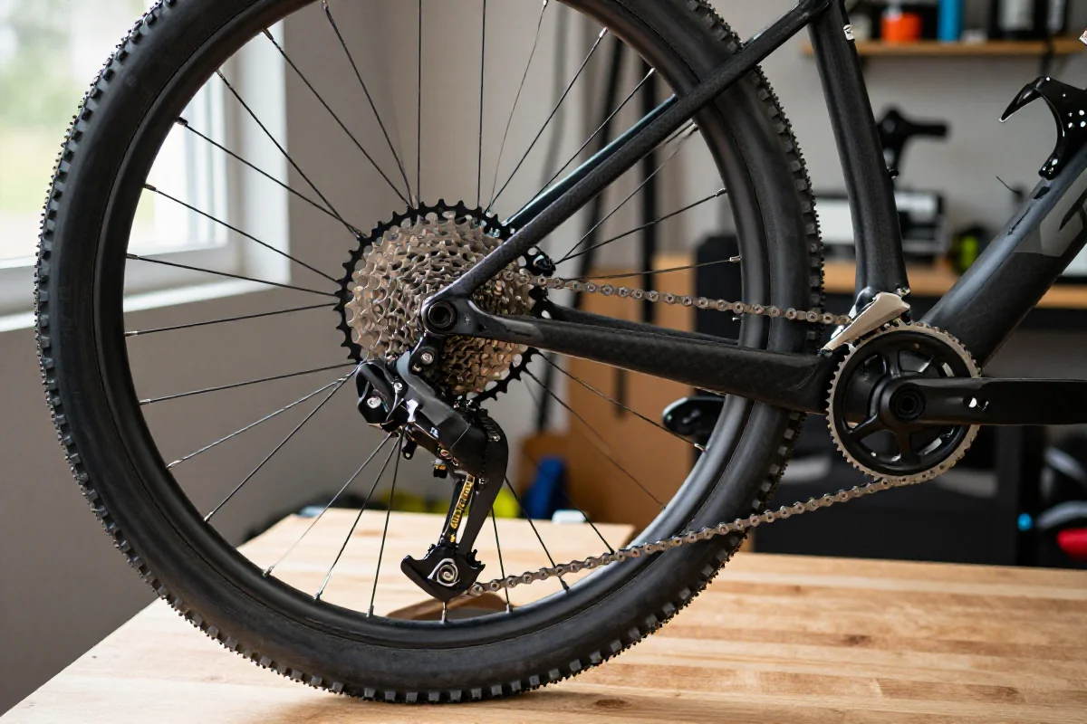 Szczegóły napędu roweru górskiego z systemem 1x12 na warsztacie.