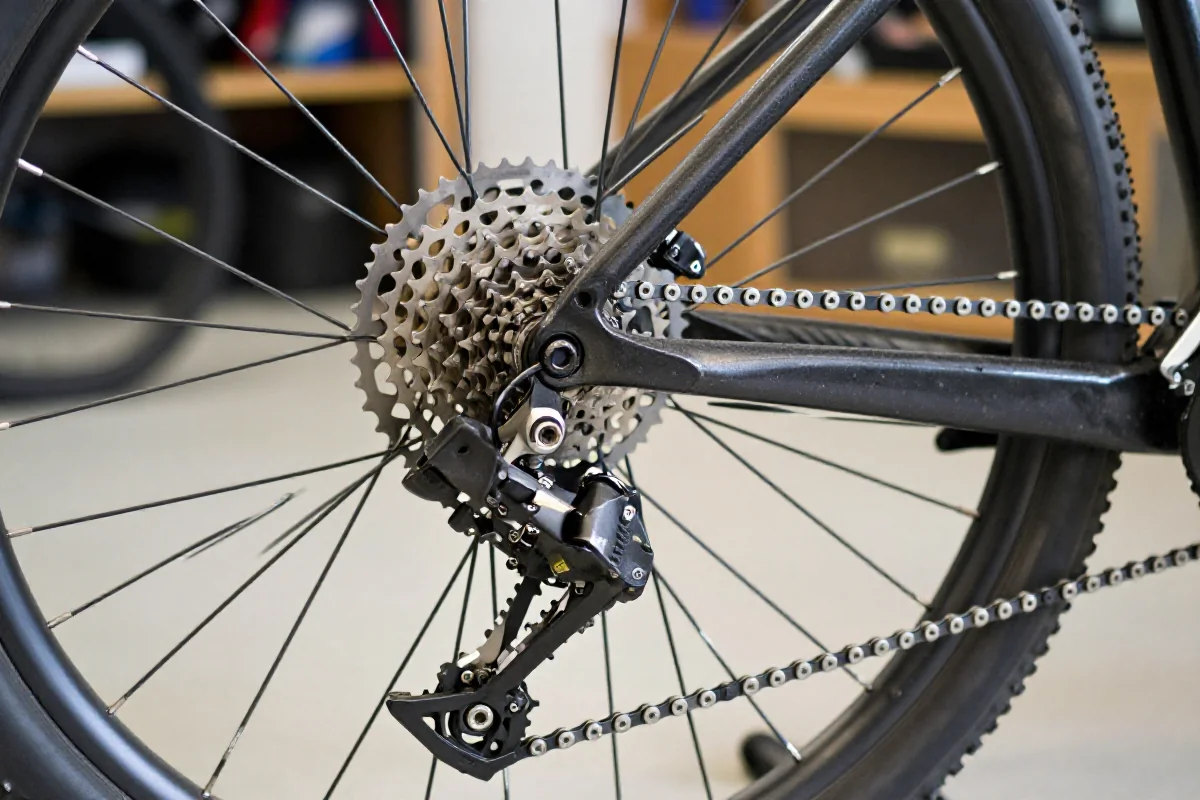 Zbliżenie na napęd roweru górskiego z widocznymi detalami komponentów.