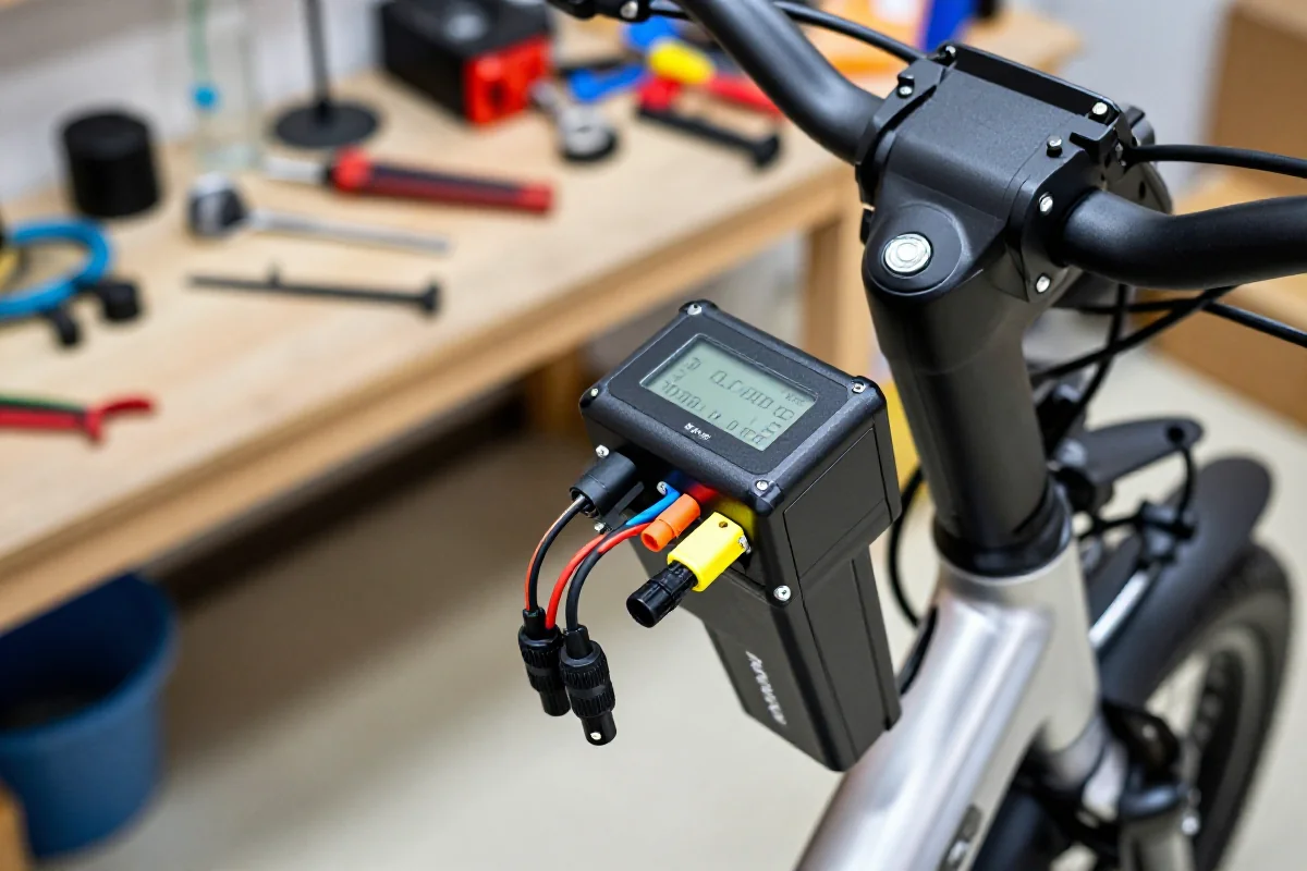 Szczegóły elektrycznego roweru z wyświetlaczem i przewodami w warsztacie.