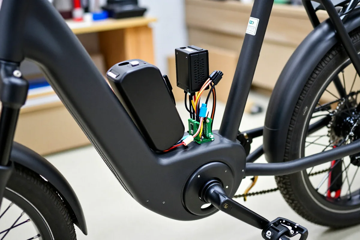 Szczegółowe ujęcie elektrycznych komponentów roweru elektrycznego w warsztacie