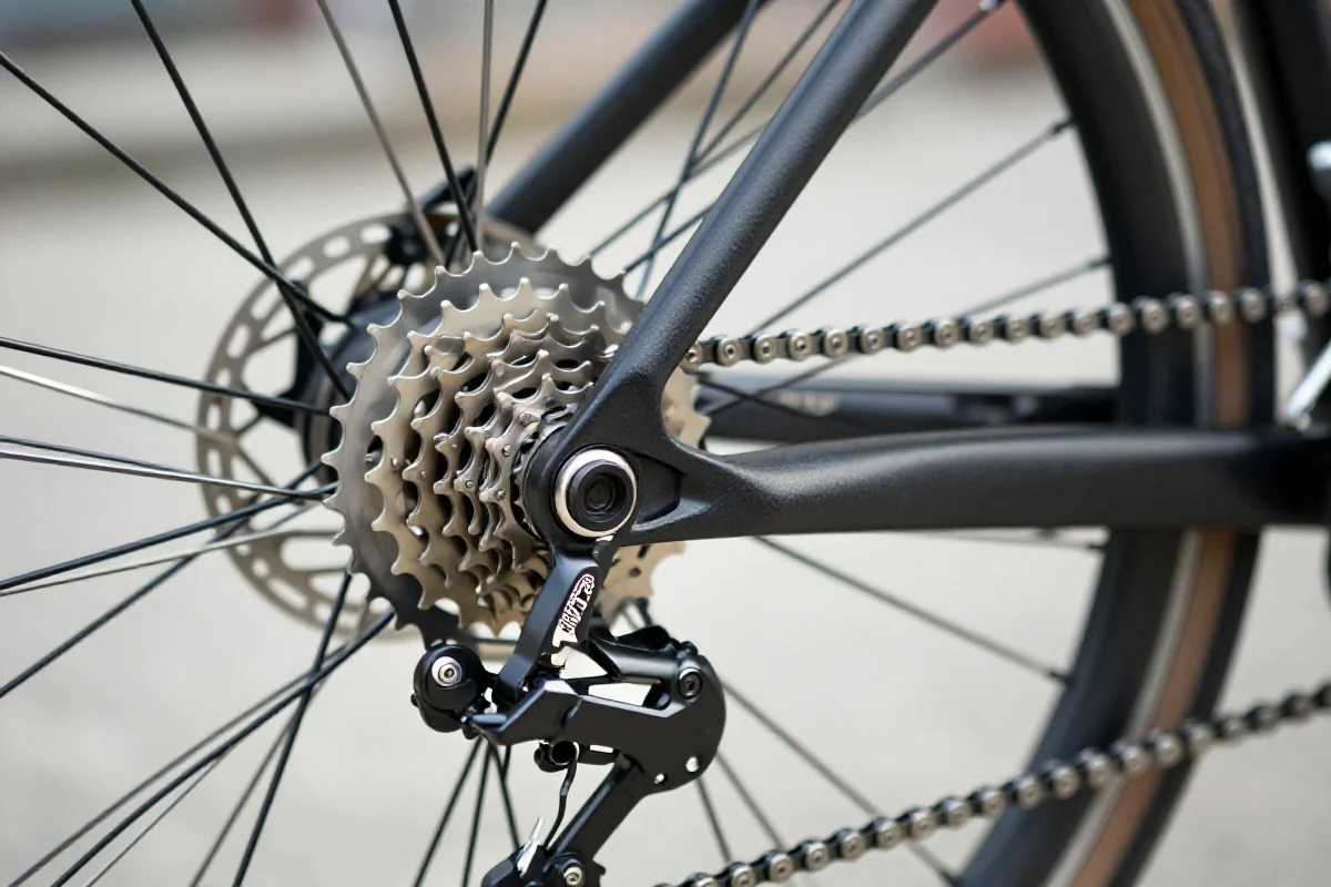 Szczegóły mechaniczne roweru, zębatki i układ hamulcowy.