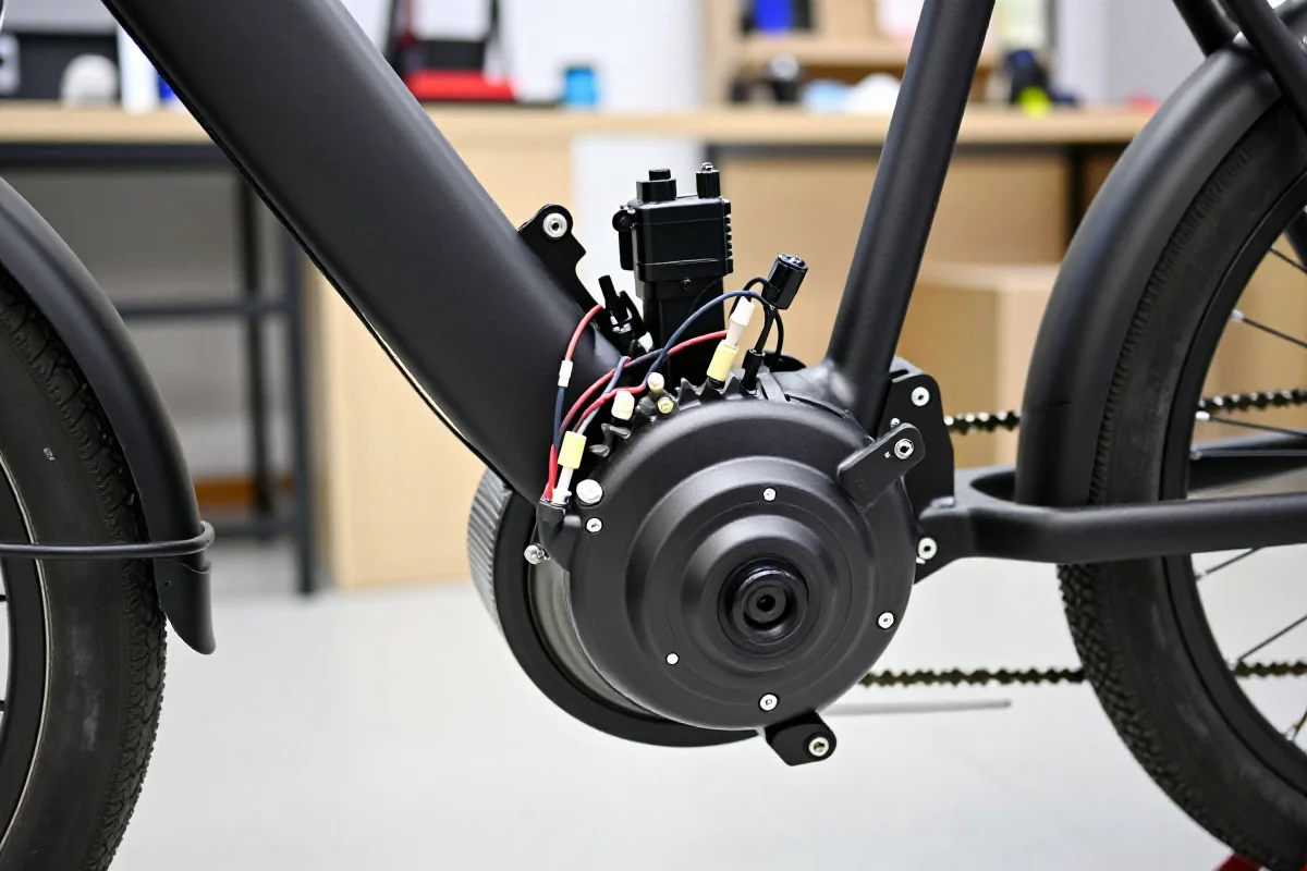 Szczegółowy widok silnika elektrycznego w rowerze z napędem elektrycznym.