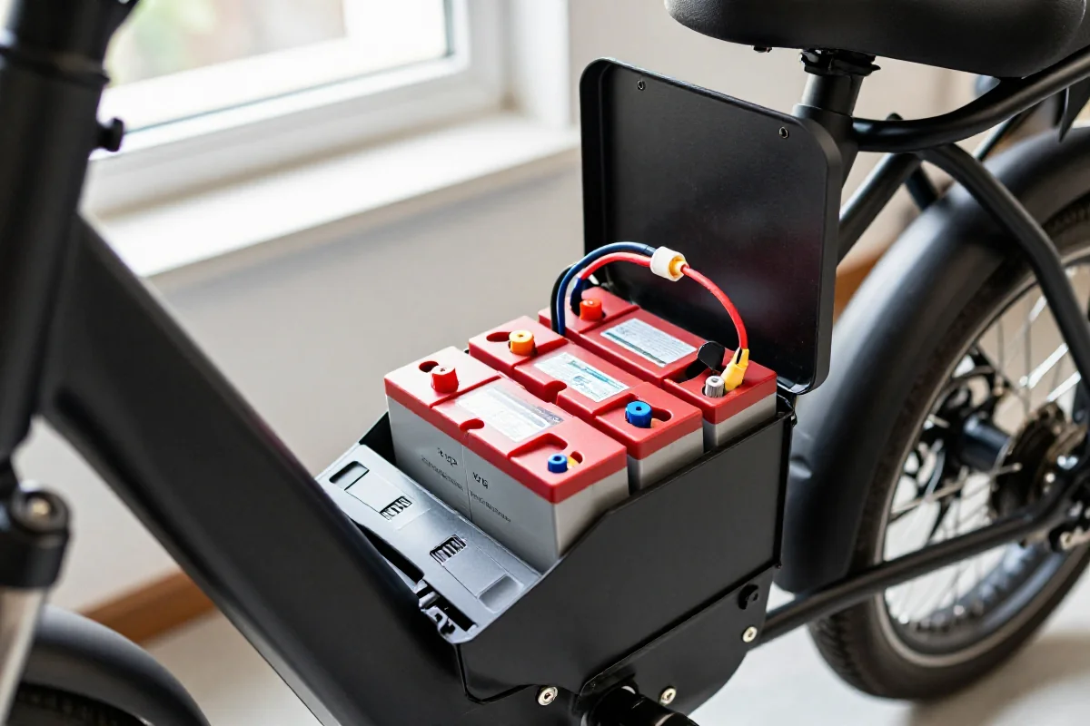 Bateria litowo-jonowa roweru elektrycznego w warsztacie, diagnostyka zasięgu.