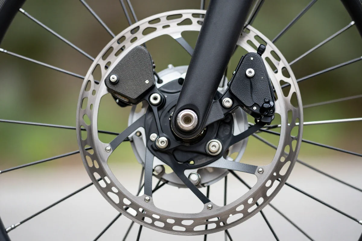 Szczegółowy widok układu hamulcowego roweru elektrycznego z widocznymi śladami zużycia.