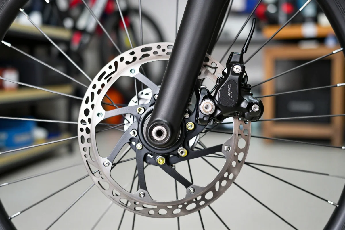 Bliska fotografia układu hamulcowego roweru, z widocznymi tarczami i klockami.