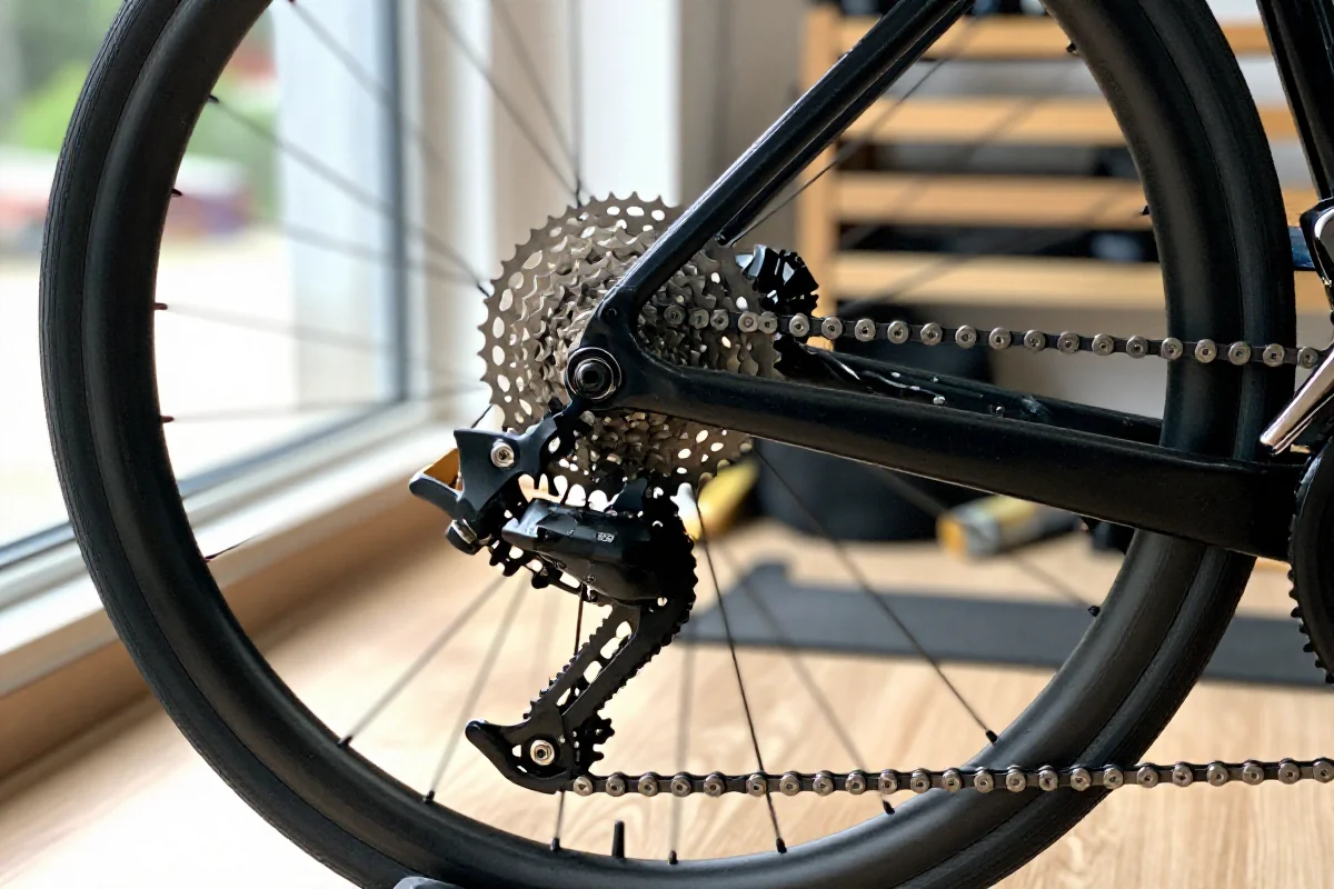 Zbliżenie na układ napędowy roweru, pokazujące łańcuch, przerzutki i kasetę.