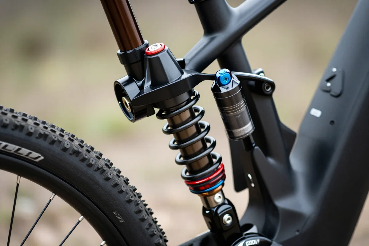 Szczegóły układu zawieszenia roweru elektrycznego, elementy w dobrej kondycji.