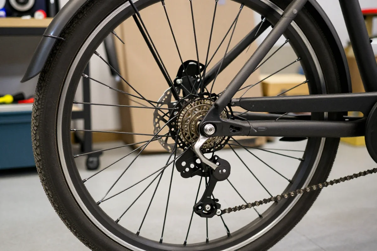 Szczegóły mechaniczne roweru elektrycznego w warsztacie, diagnoza dźwięków.