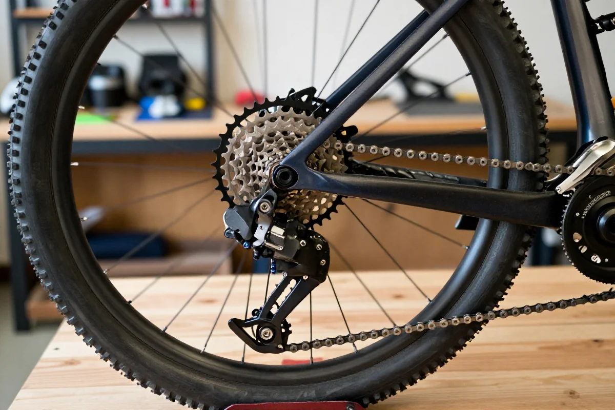 Szczegółowy widok napędu roweru górskiego, zębatki i łańcuch w warsztacie.