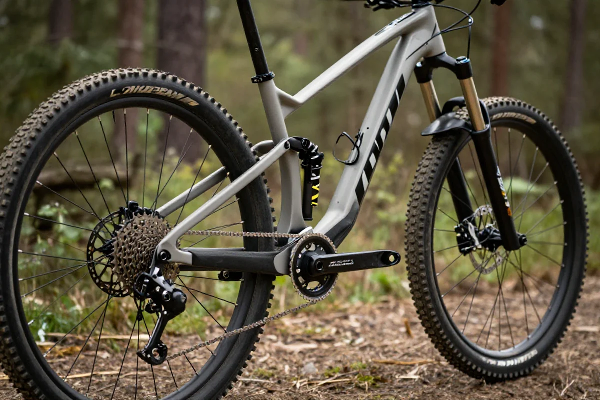 Rower górski w naturalnym otoczeniu, ukazujący jego budowę i detale.