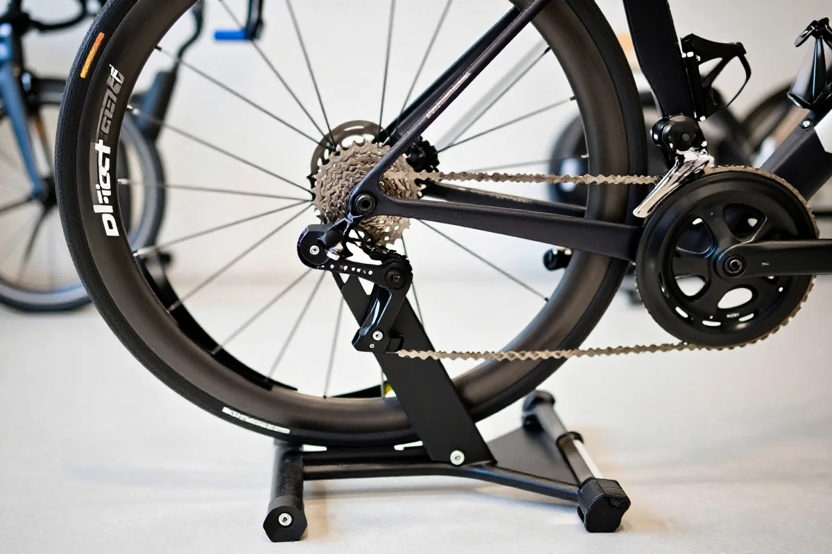 Trenażer Direct Drive z zamontowanym rowerem szosowym w jasnym otoczeniu.