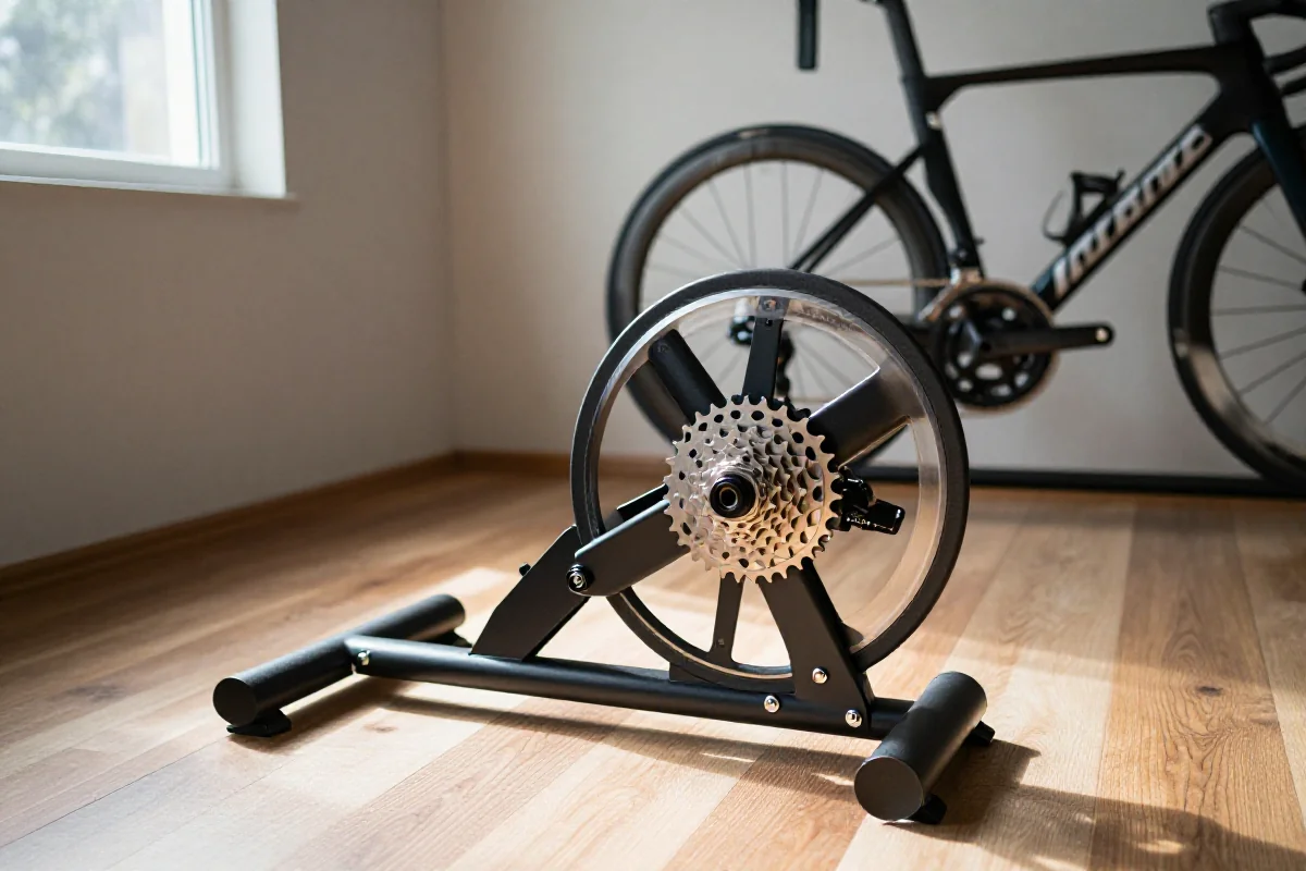 Trenażer rowerowy typu direct drive w domowej siłowni, sprzęt do treningu kolarskiego.