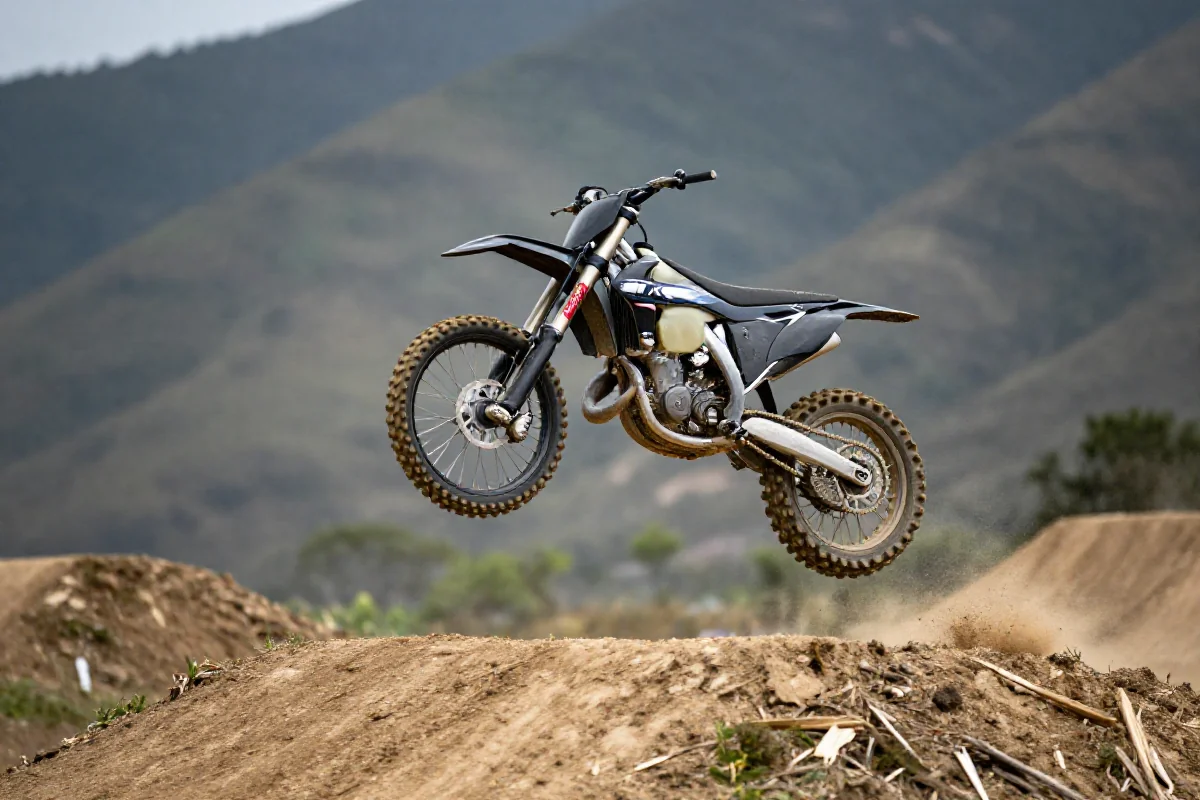 Rower dirt jump w powietrzu na torze w górach, rozwijanie umiejętności MTB.
