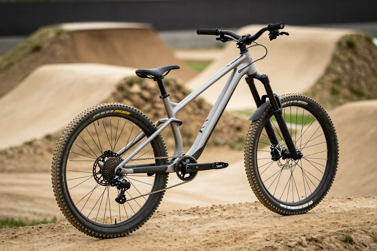 Rower do dirt jumpingu w parku z przeszkodami, 26 cali, hardtail.