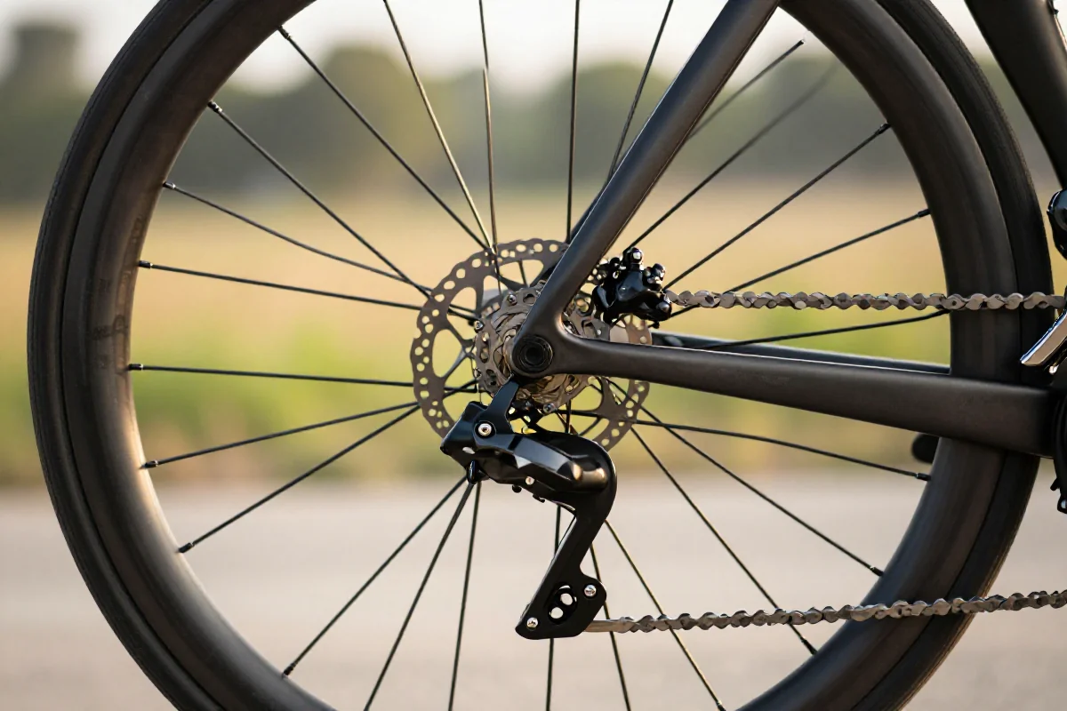 Nowoczesny rower szosowy z hamulcami tarczowymi i szerokimi oponami