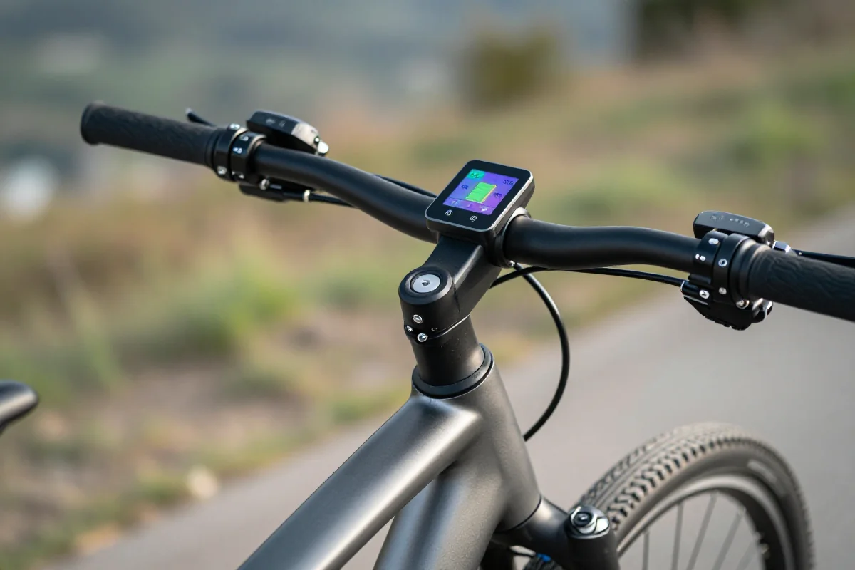 Nowoczesny wyświetlacz rowerowy na kierownicy e-bike'a z informacjami o stanie baterii