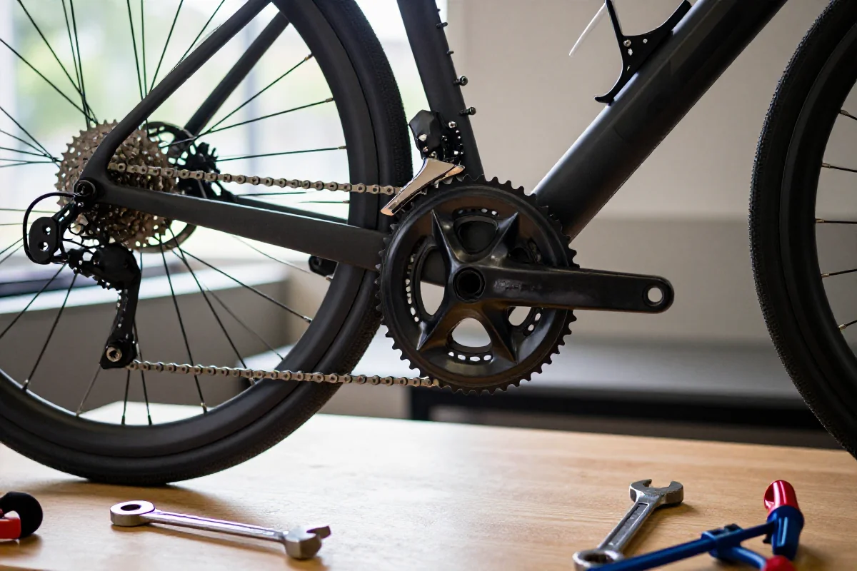 Szczegóły napędu roweru szosowego na stole warsztatowym z narzędziami.