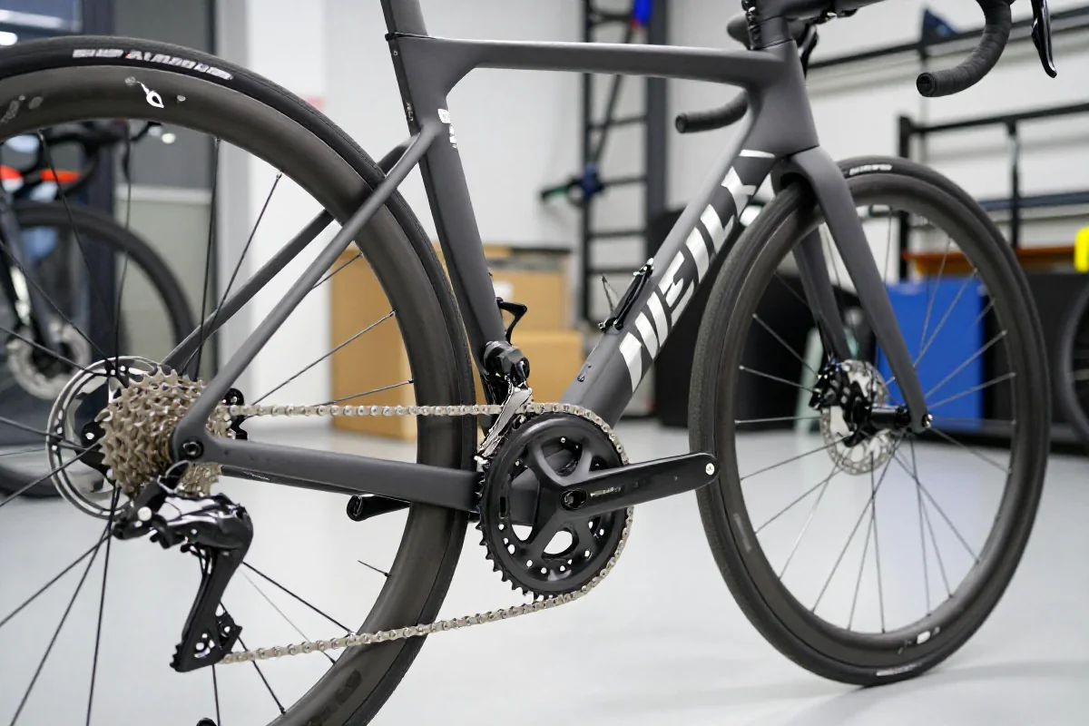 Nowoczesny rower szosowy z karbonową ramą i hydraulicznymi hamulcami tarczowymi.