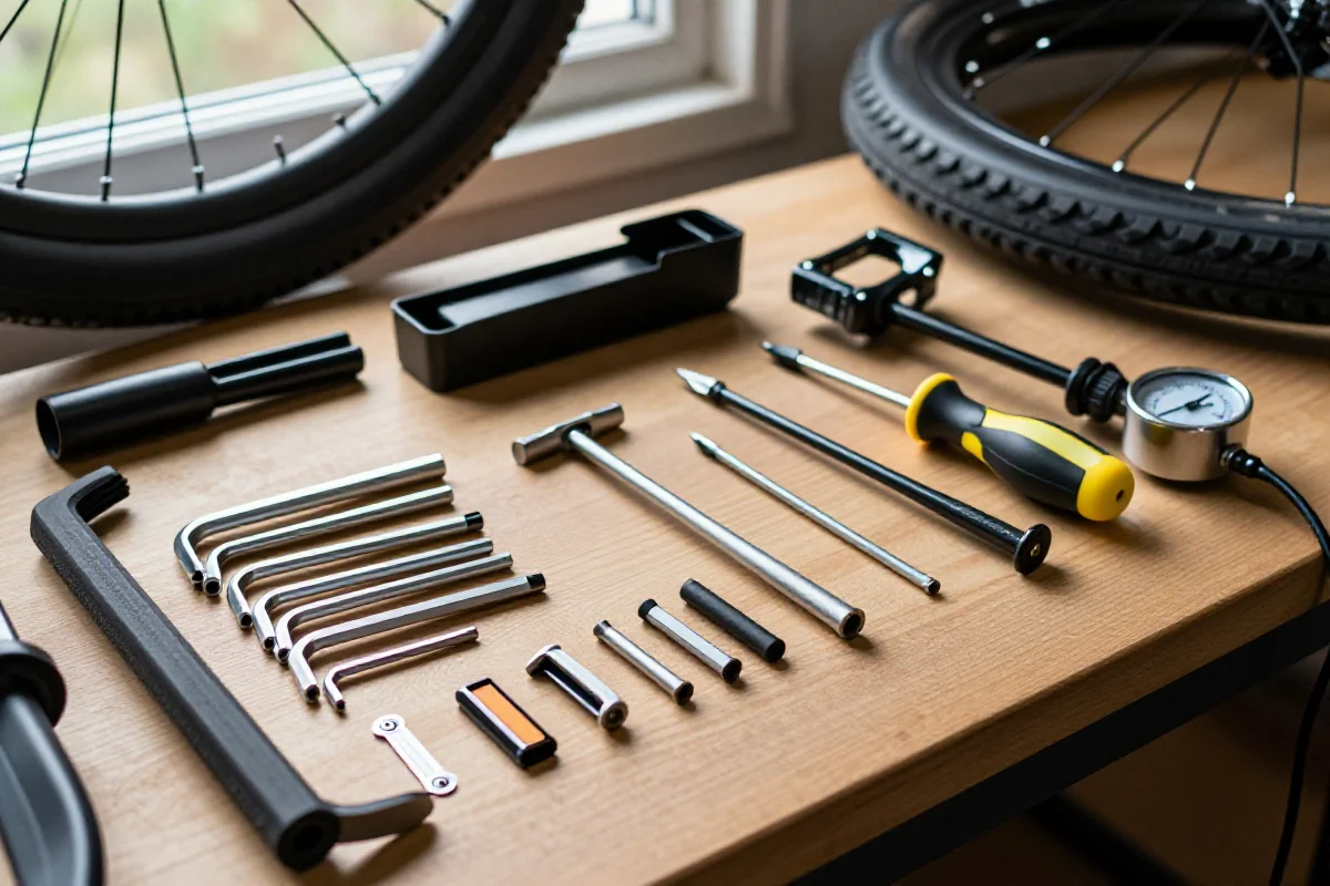 Zestaw narzędzi rowerowych w warsztacie do serwisu rowerów górskich.
