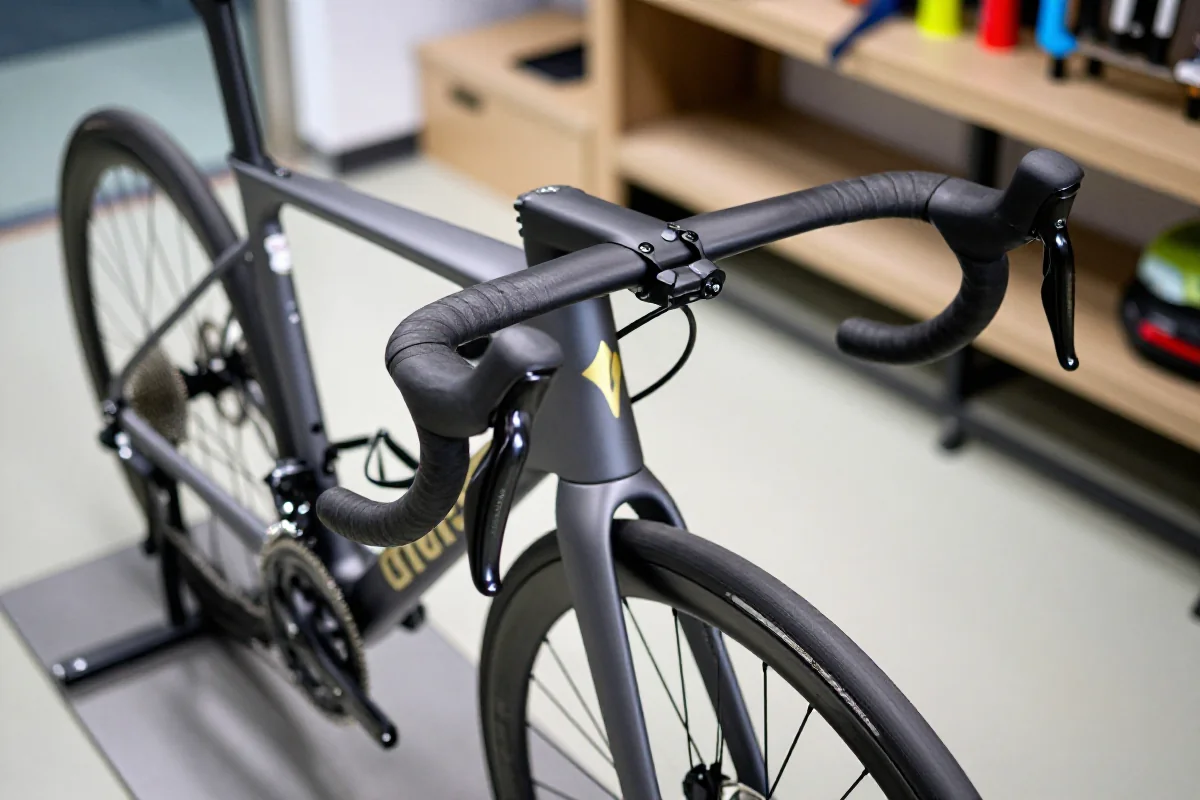Rower szosowy w warsztacie, szczegóły kierownicy i komponentów.
