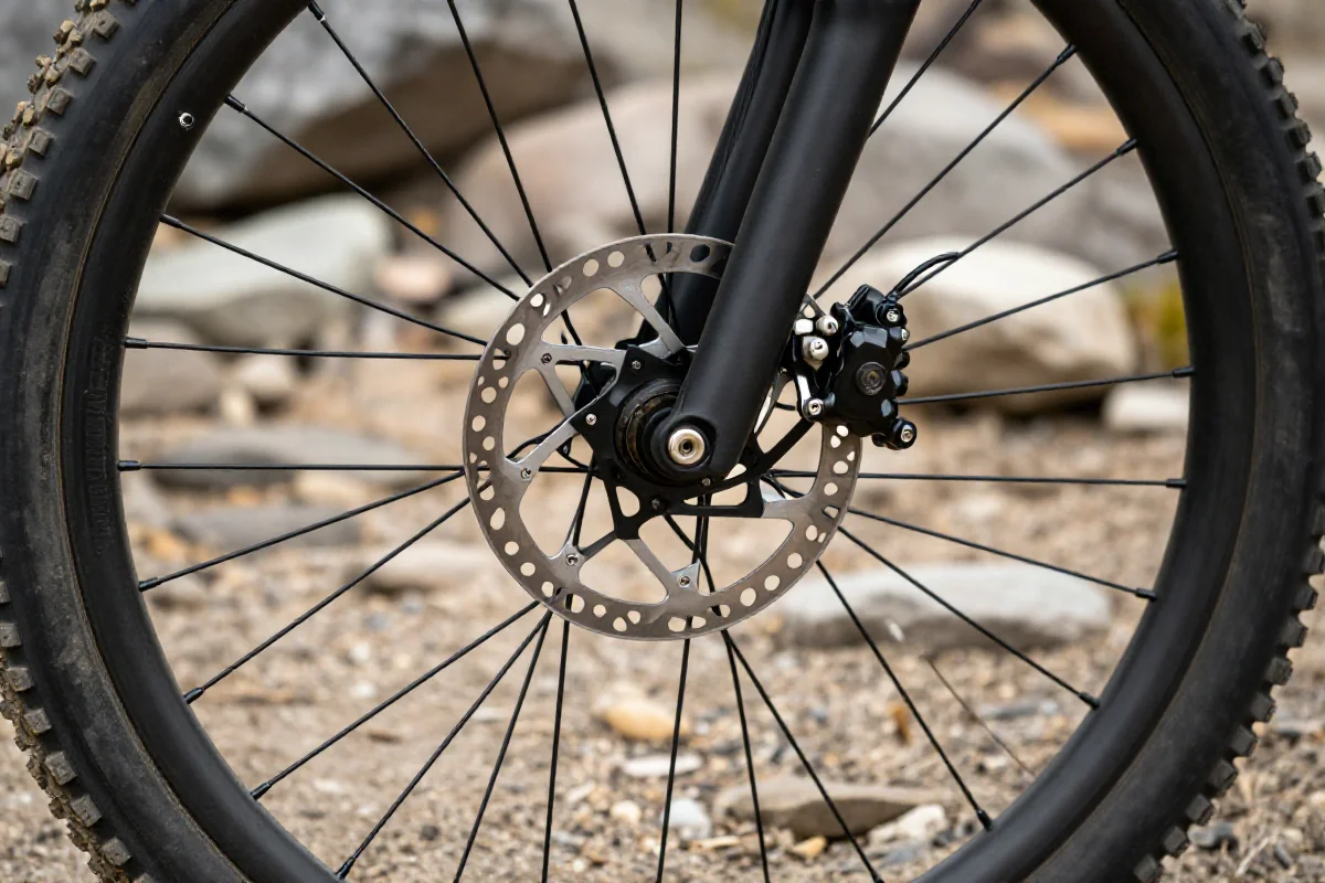 Szczegóły hydraulicznego hamulca tarczowego w rowerze górskim na szlaku