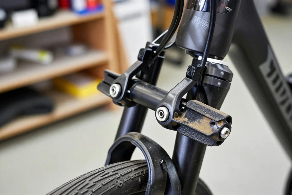 Widok na hamulce V-brake w rowerze miejskim, prezentujące zużyte klocki hamulcowe.