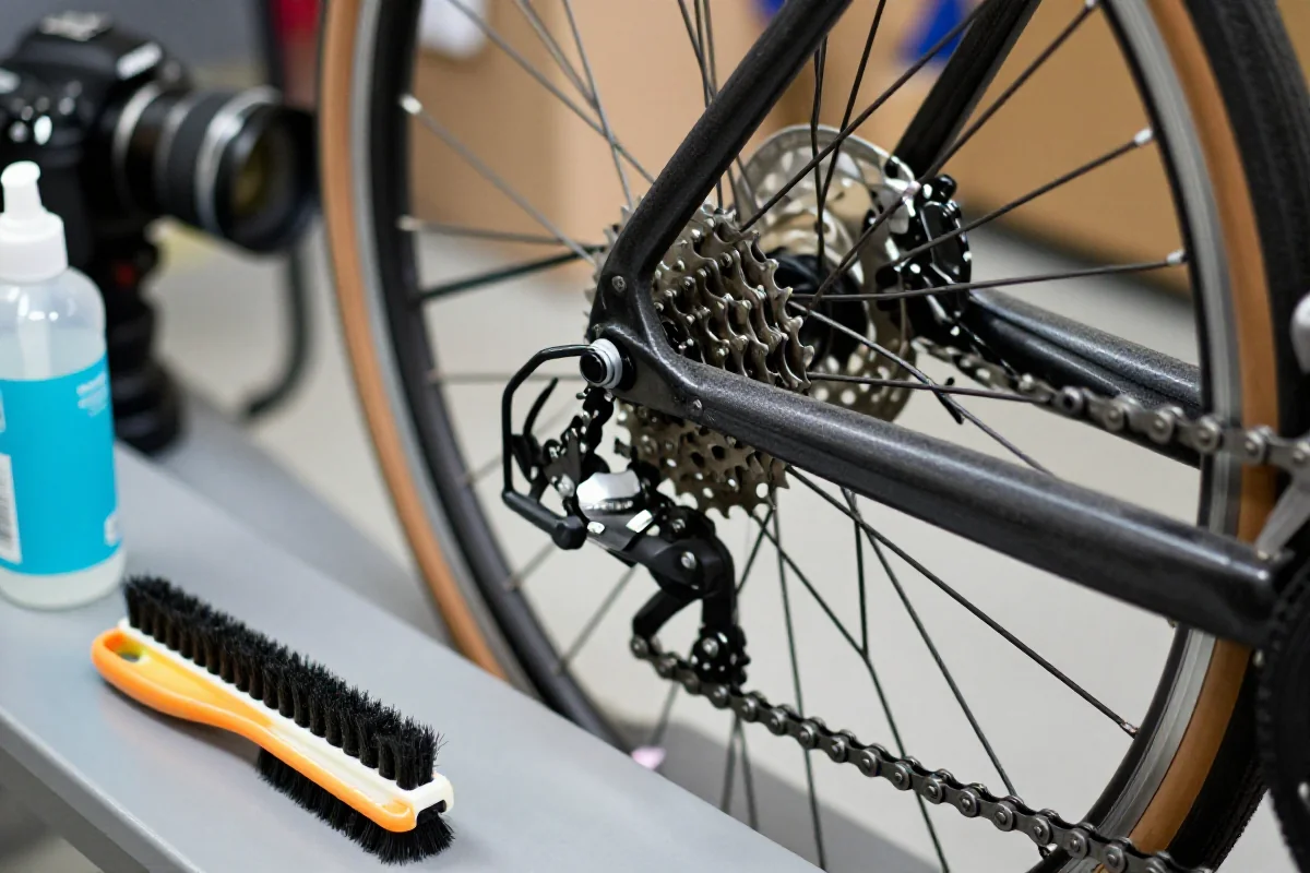 Czyszczenie łańcucha rowerowego z narzędziami na stole warsztatowym.