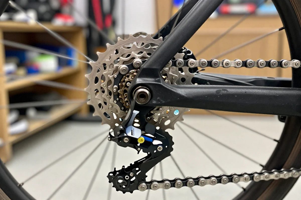 Zbliżenie na łańcuch rowerowy i zębatki w warsztacie rowerowym.