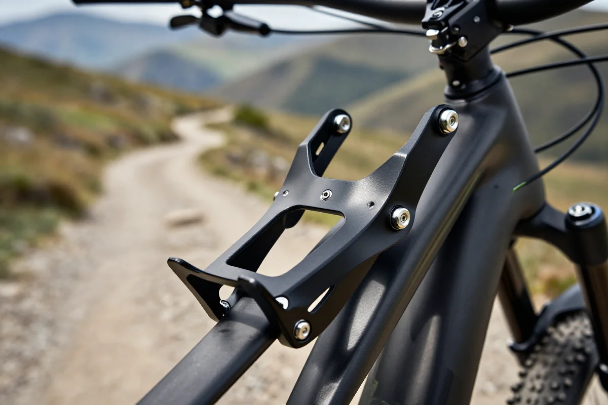 Ochraniacz szyi na rowerze górskim na tle górskiego szlaku