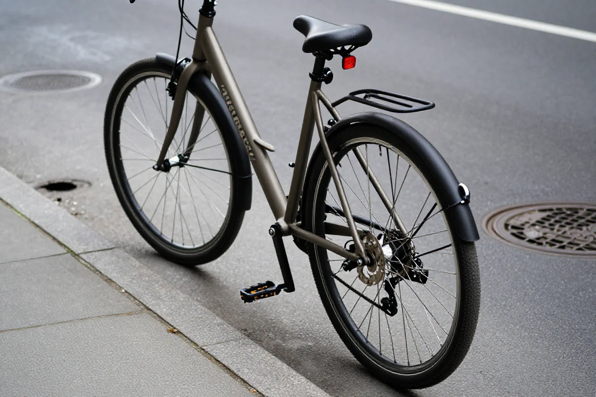 Rower miejski z bliska, pokazujący niebezpieczeństwa jazdy przy krawędzi drogi.
