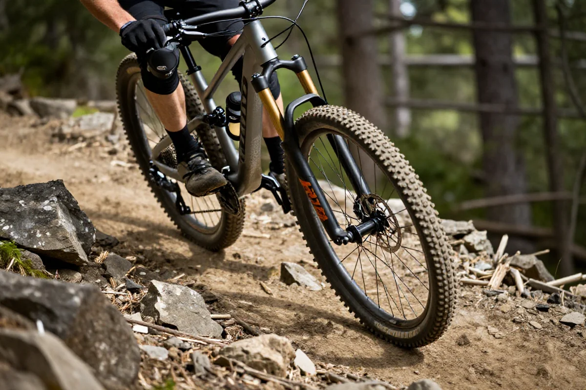 Rower górski zjeżdżający po kamienistej trasie, techniki jazdy MTB.