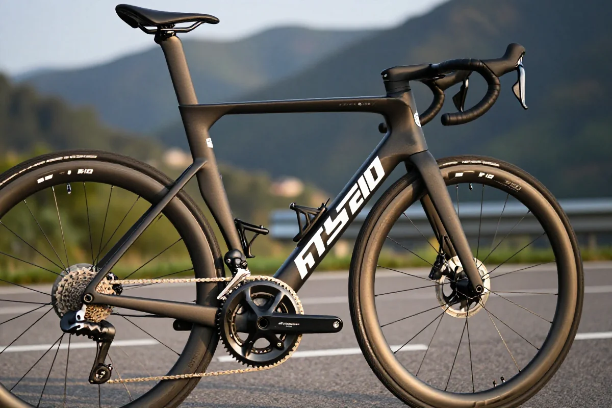Rower szosowy z karbonową ramą w trakcie wyścigu kolarskiego