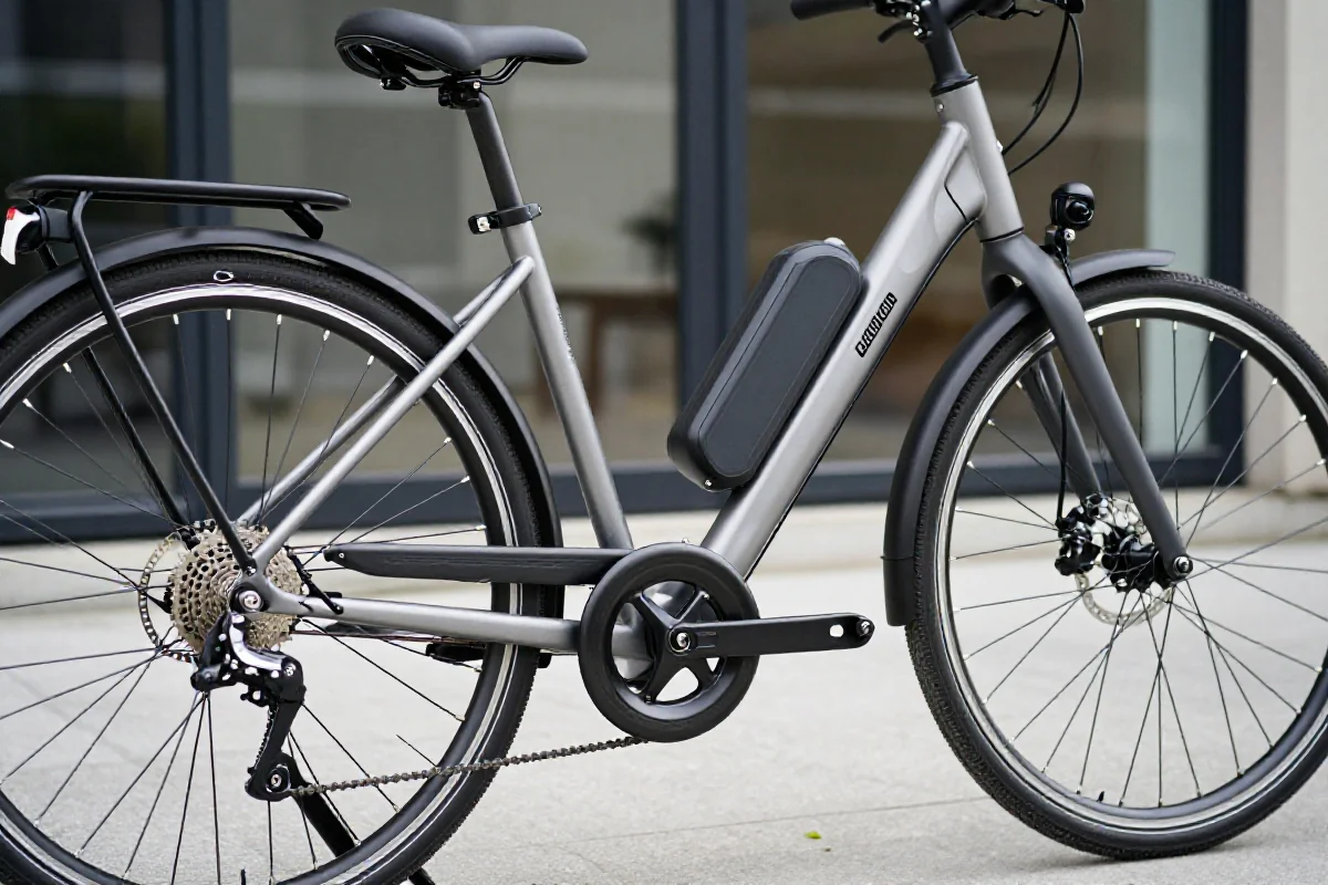 Szczegóły elektrycznego roweru w miejskim otoczeniu, podkreślające bezpieczeństwo e-bike'a.
