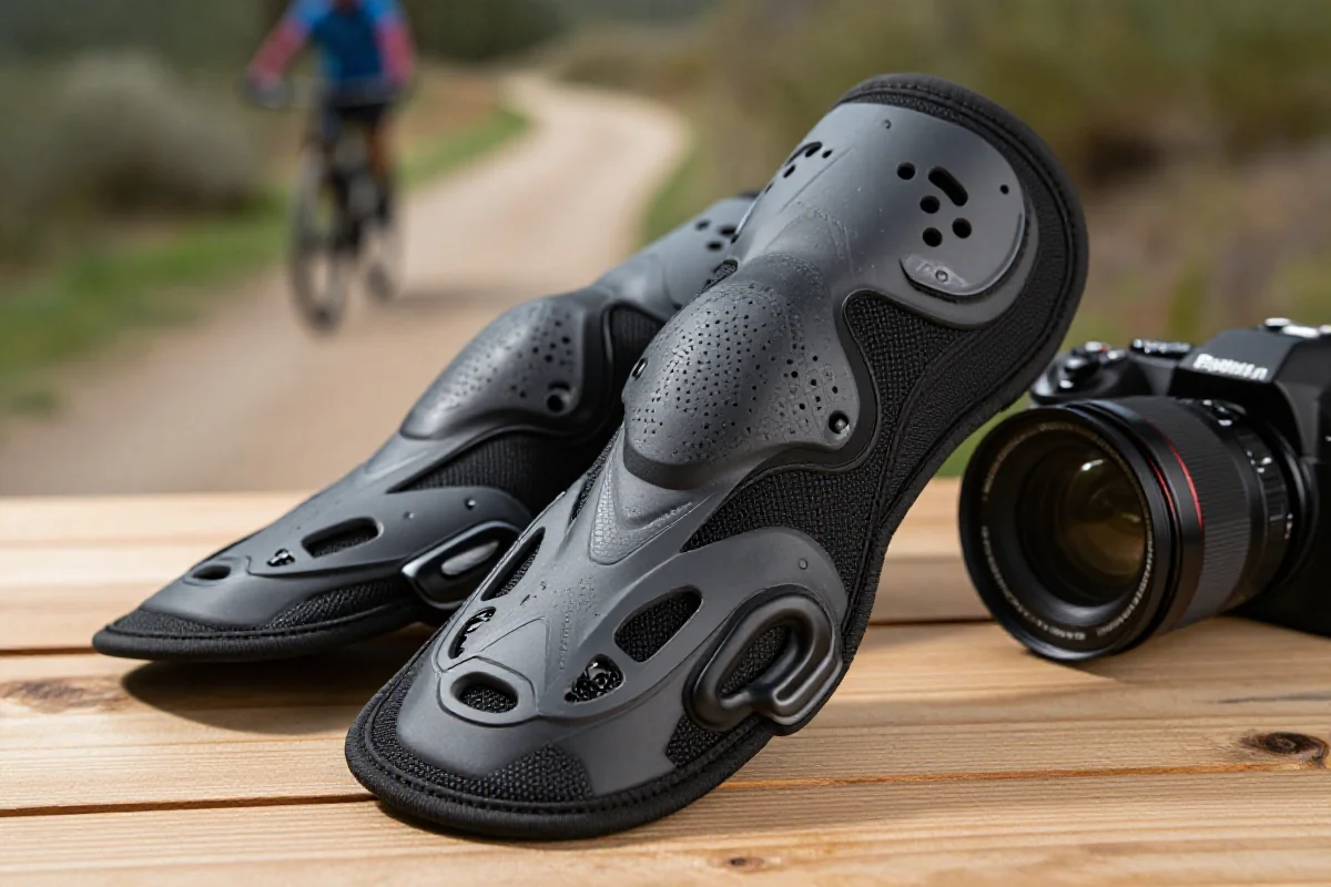 Wysokiej jakości nałokietniki rowerowe na drewnianej powierzchni.