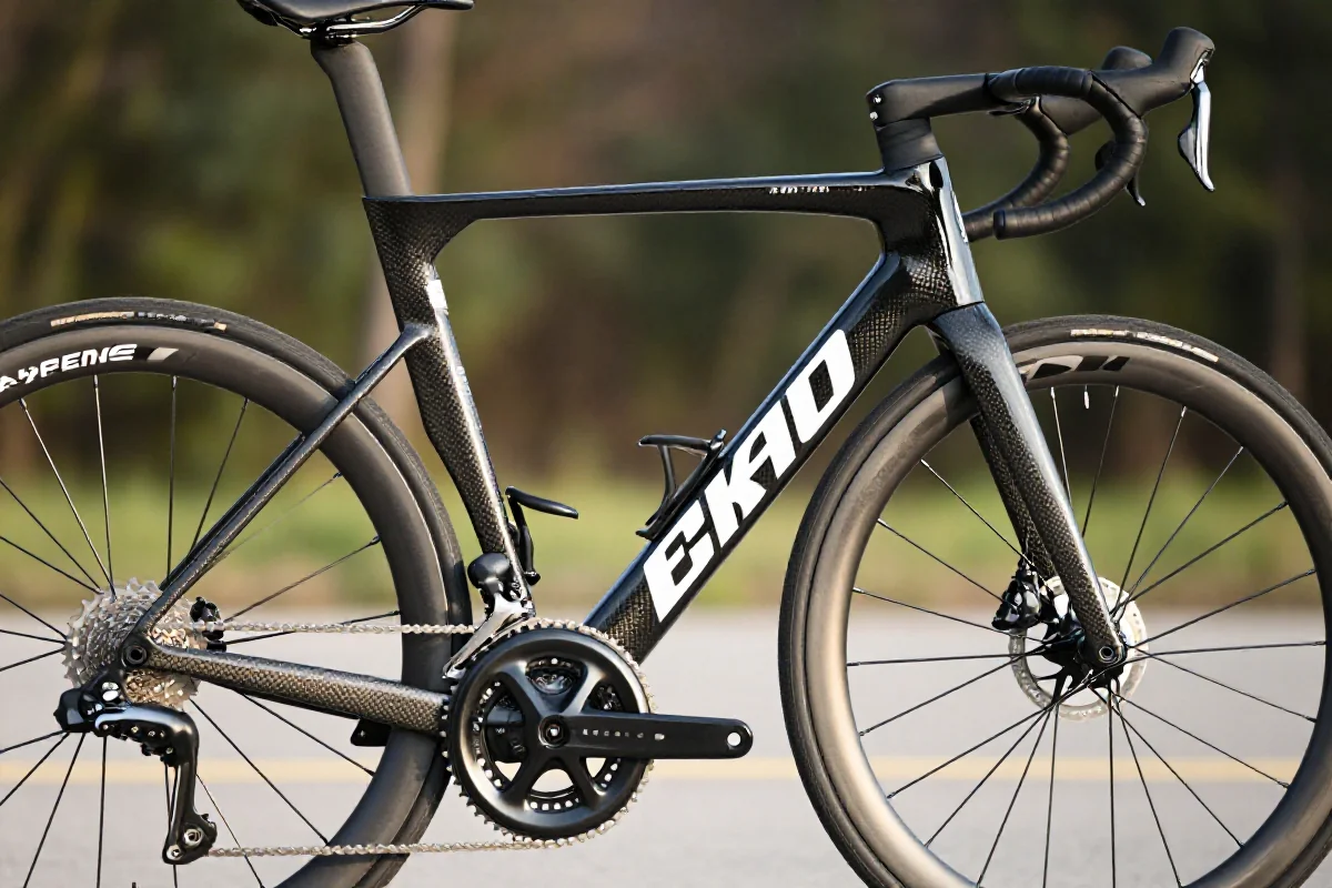 Szczegółowa fotografia roweru szosowego z aerodynamiczną ramą i komponentami.