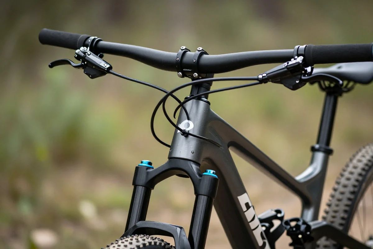 Widok na kierownicę górskiego roweru, podkreślający techniczne detale i zawieszenie.