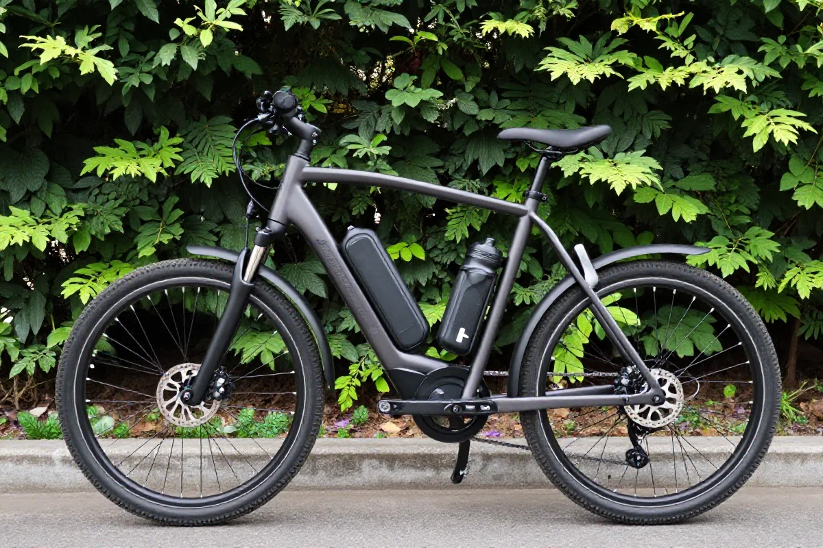 Rower elektryczny z akcesoriami w cieniu drzew podczas upalnej pogody