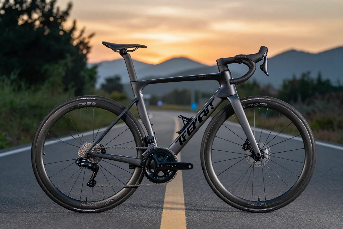 Fotografia wysokiej klasy roweru szosowego na malowniczej drodze o zachodzie słońca.