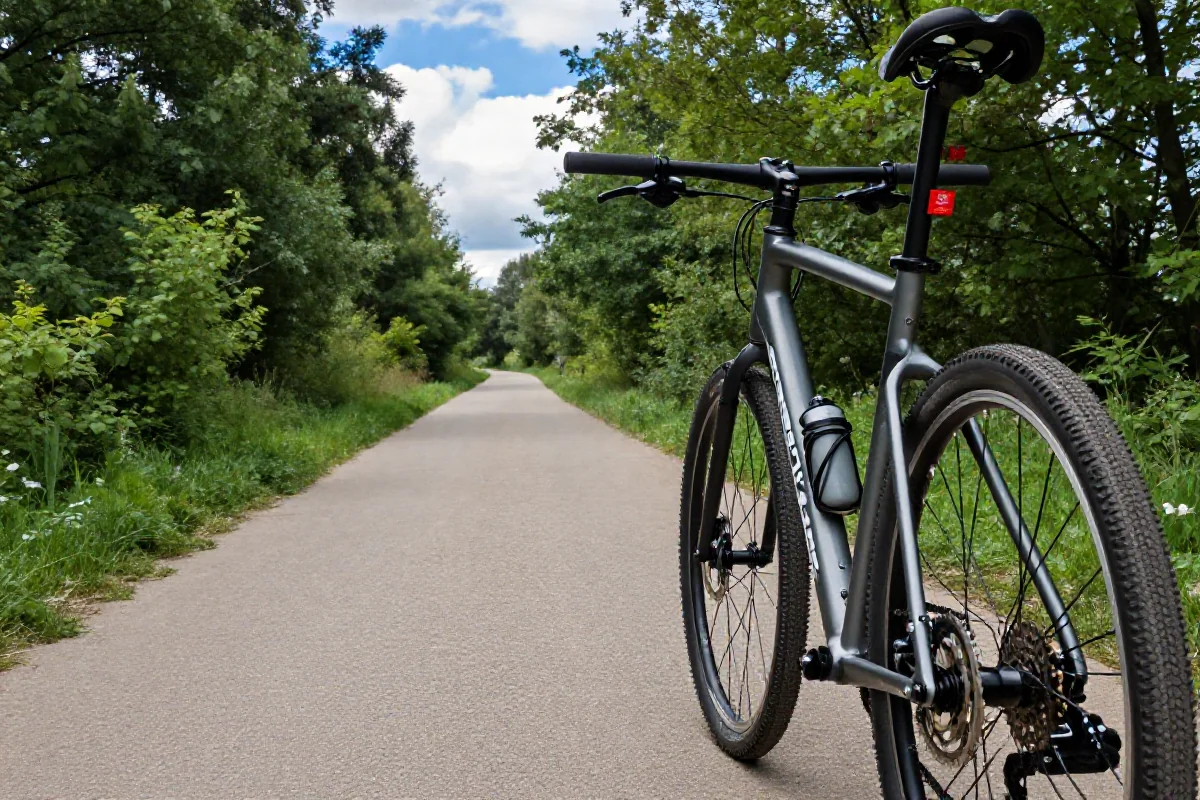Widok długodystansowej trasy rowerowej w Polsce z technicznymi detalami roweru